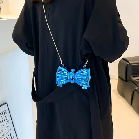 Fashion Bowknot Acrylic Shoulder Crossbody Bag Glossy Metallic Mirror Surface Evening Clutch With Chain Strap For Women