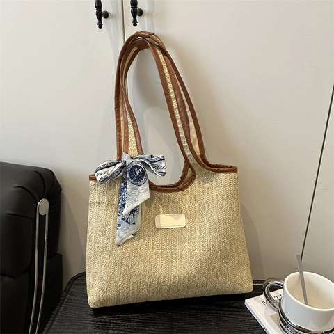 Sommer Strand Urlaub Große Kapazität Stroh Gewebte Tote Bag Für Damen Vintage Patchwork Schulter Achsel Tasche Mit Schal Dekor