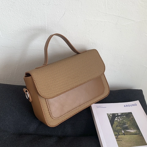 Bolso Bandolera Para Mujer Cuero PU Solapa Textura Tejida Color Block Bolso De Hombro Cuadrado Con Asa Superior Retro Urbano