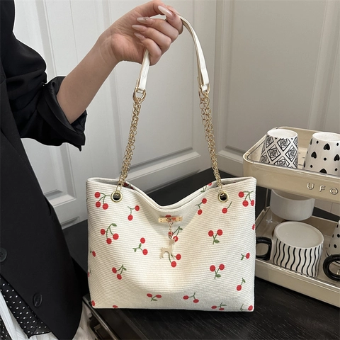 Korean Corduroy Cherry Print Tote Bag For Women With Metal Chain Strap And Deer Pendant Casual Shoulder Bag