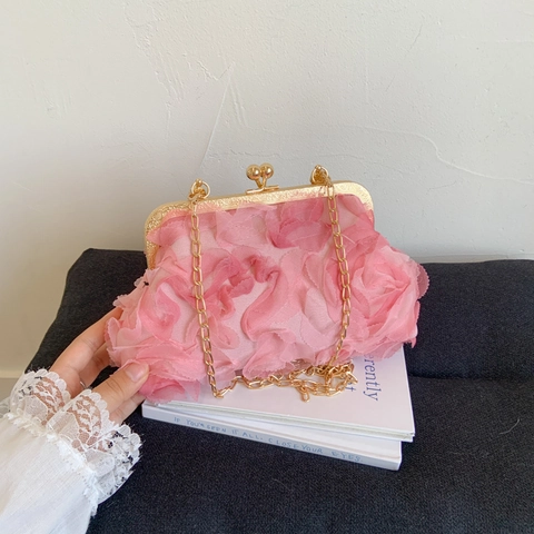 Bolso De Noche Floral Con Textura Para Mujer Con Correa De Cadena Metálica Y Asa Circular Cartera De Mano Vintage Para Fiesta