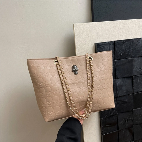 Borsa Tote Donna Grande Capacità Pelle PU Teschio In Rilievo Gothic Punk Borsa A Spalla Con Tracolla A Catena