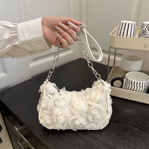 Bolso de Axila de Malla con Flores de Rosa 3D para Mujer Bolso de Hombro de Tul Dulce Con Cadena de Plata Moda de Verano Fiesta
