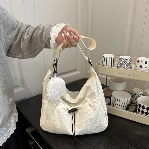 Women Pleated Nylon Crossbody Bag Casual Drawstring Half Moon Shoulder Bag With Round Coin Purse Trendy