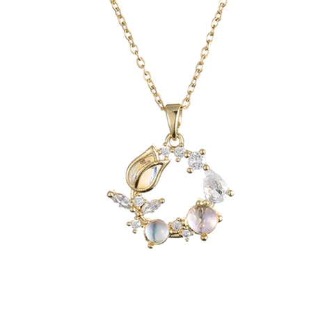 Tulip Wreath Pendant Necklace Titanium Steel Cubic Zirconia Moonstone Clavicle Chain French Retro Floral For Women