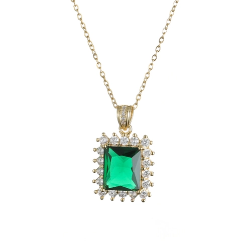 Emerald Cut Green Zircon Pendant Necklace Titanium Steel Gold Plated Luxury Halo Geometric Jewelry For Women