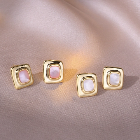 Geometric Square Stud Earrings Shell Inlay Copper With 925 Sterling Silver Earring Post French Retro Style Women
