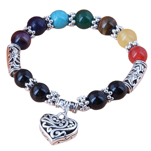 7 Chakra Perlenarmband Mit Hohlherzanhänger Legierung Harzperlen Elastischer Yoga Spiritueller Bohème Schmuck Für Frauen