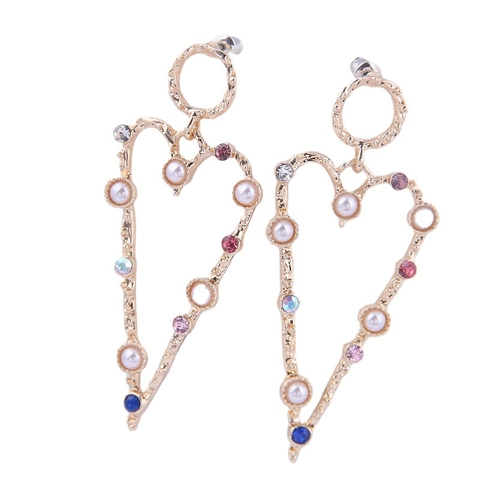 Pendientes Largos De Corazón Con Poste De Plata Esterlina 925 Aleación Diamantes De Imitación Multicolor Perla Artificial Joyería
