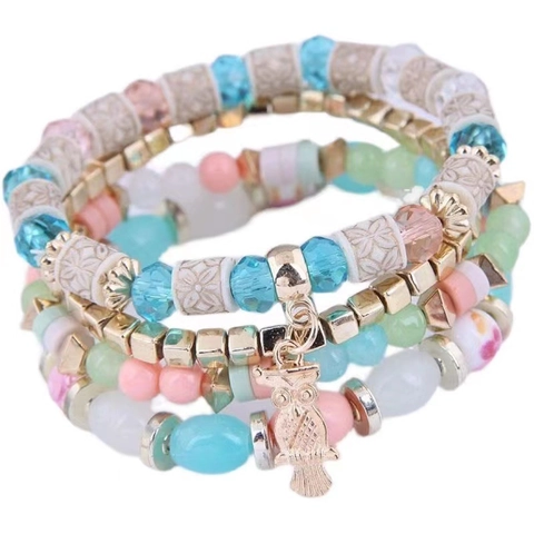 Bohemian Multi-Layer Beaded Bracelet Alloy Owl Pendant Resin Beads Elastic Stackable Ethnic Fashion Jewelry For Women