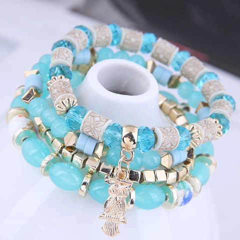 Bohemian Multi-Layer Beaded Bracelet Alloy Owl Pendant Resin Beads Elastic Stackable Ethnic Fashion Jewelry For Women
