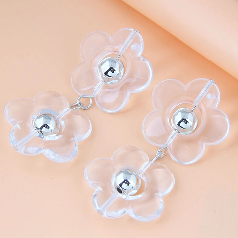 Pendientes Colgantes Flor Transparente Resina Aleación Cuenta Plateada Doble Gota Joyería Para Mujer