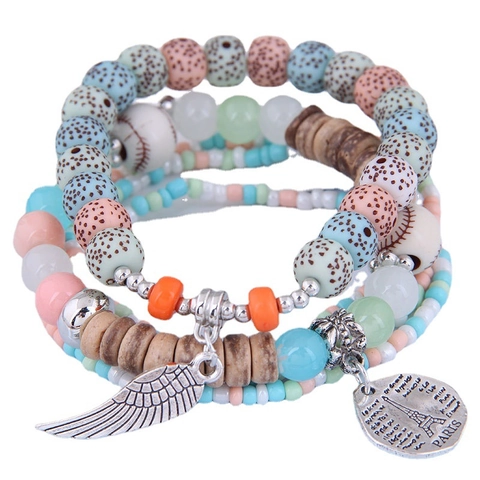 Böhmisches Mehrlagiges Perlenarmband Legierung Harz Holz Eiffelturm Flügel Anhänger Ethno Stil Für Damen