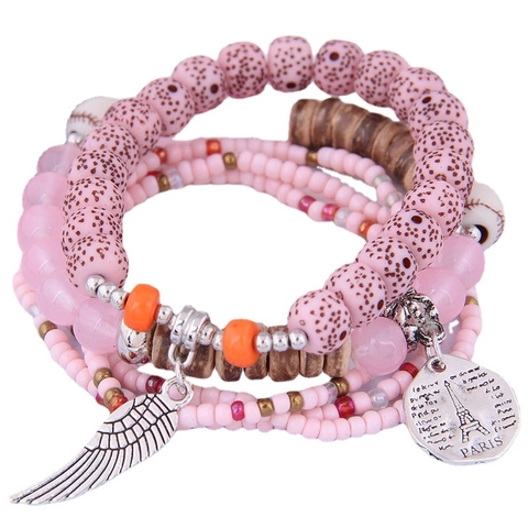 Böhmisches Mehrlagiges Perlenarmband Legierung Harz Holz Eiffelturm Flügel Anhänger Ethno Stil Für Damen