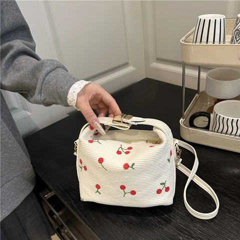 Women's Sweet Corduroy Cherry Embroidery Handbag Small Fresh Crossbody Bag With Adjustable Strap Metal Lock For Daily Use
