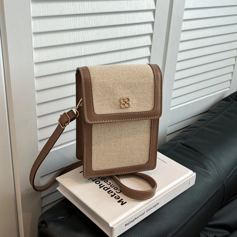Women's Retro Minimalist Canvas PU Patchwork Mobile Phone Bag Small Square Crossbody Bag With Flower Metal Buckle Shoulder Bag