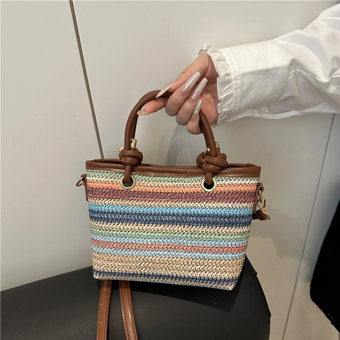 Women Beach Vacation Straw Woven Tote Bag Colorful Stripe Handbag With Adjustable Shoulder Strap Casual Bohemian Top Handle Crossbody Bag
