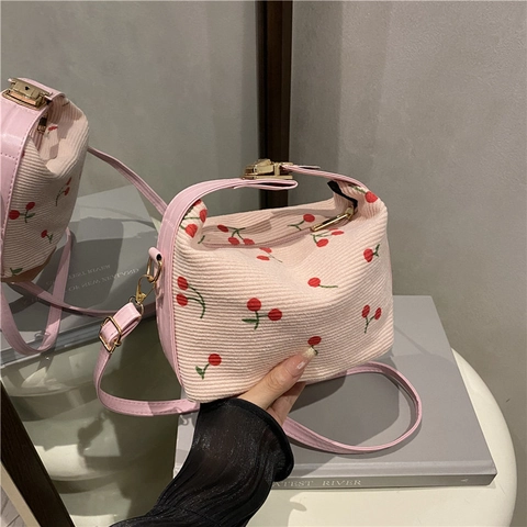 Sweet Cherry Embroidery Corduroy Handbag For Women Vintage Shoulder Crossbody Bag With Adjustable Strap Mini Tote Bag