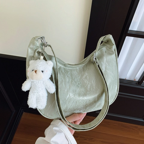 Women PU Leather Crinkled Hobo Bag Half Moon Underarm Shoulder Bag With Plush Bear Charm Stylish Commuting Purse