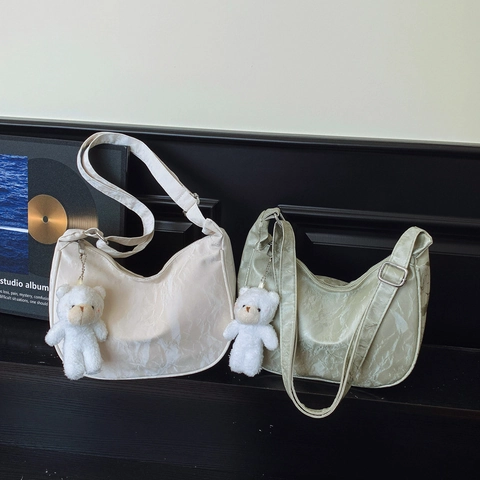 Women PU Leather Crinkled Hobo Bag Half Moon Underarm Shoulder Bag With Plush Bear Charm Stylish Commuting Purse
