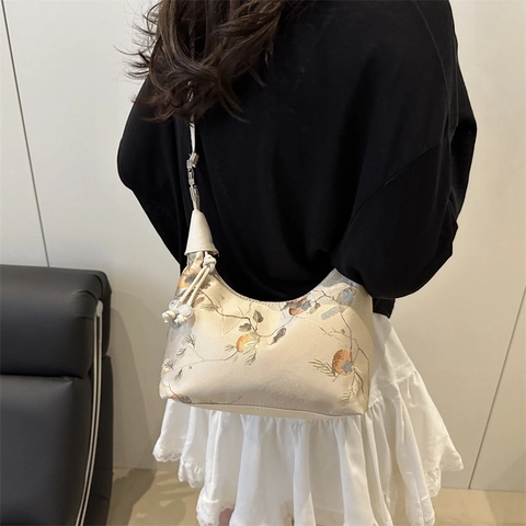 Women Embroidery Underarm Bag Satin Flower Bird Pattern Beaded Tassel Vintage Chinese Style Shoulder Hobo Bag