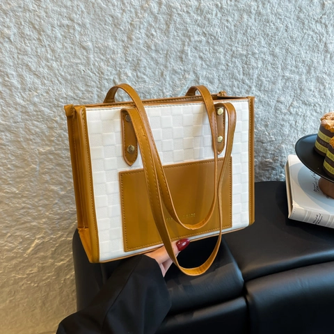 Bolso Tote de Mujer Color de Contraste Tablero de Ajedrez Cuero PU Gran Capacidad Bolso de Hombro Casual Oficina Trabajo