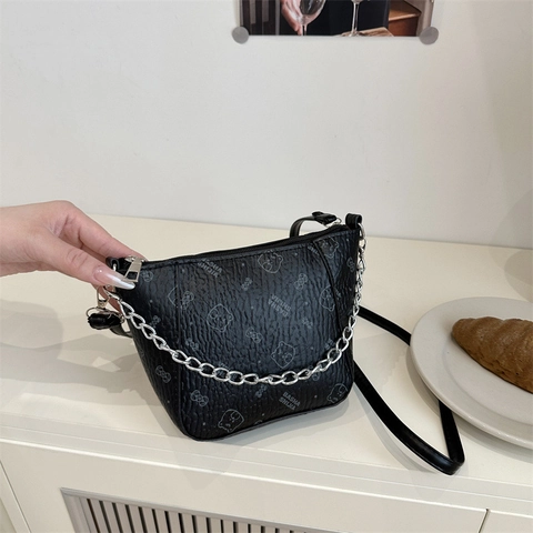 Borsa a Secchiello in Pelle PU Vintage Minimalista da Donna Stampa Orso Fiocco Borsa a Tracolla Con Catena Argentata