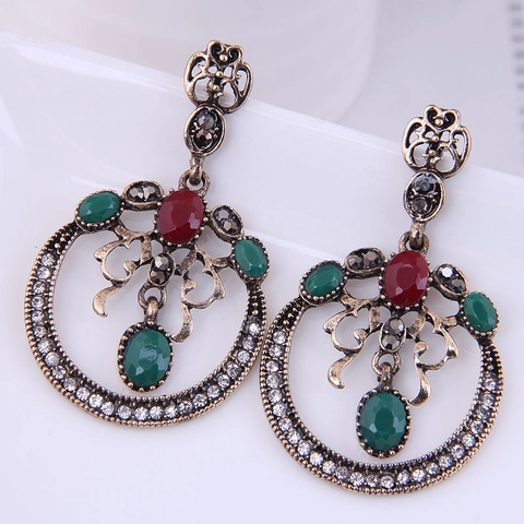 Vintage Bohemian Drop Earrings Alloy Resin Rhinestone Ethnic Palace Style Statement Jewelry For Women