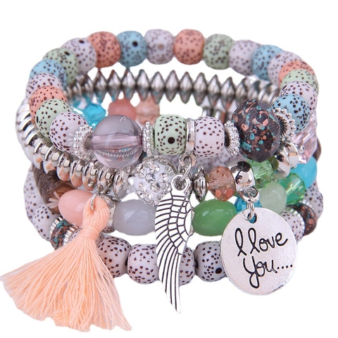 Boheems Multi-layer Kralen Armband Legering Hout Hars Kralen Vleugel Hart Hanger I Love You Kwastje Armband Vrouwen