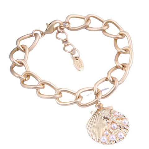 Bracelet Chaîne Alliage Vintage Pour Femmes Avec Coquillage Étoile De Mer Künstliche Perle Et Pendentif Pièce Croix Gothique