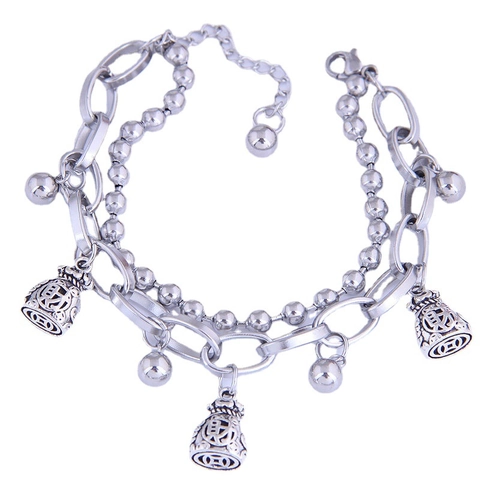 Stainless Steel Double Layer Pendant Bracelet For Women Lucky Bag Rabbit Crown Elephant Peanut Charms Retro Hip Hop Jewelry