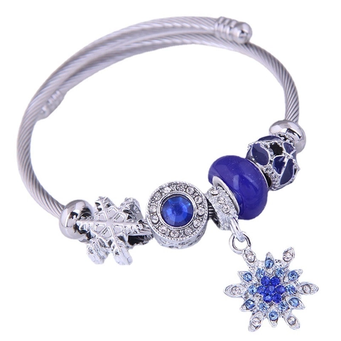 Snowflake Pendant Charm Bangle Alloy Twisted Steel Wire Adjustable Bracelet Rhinestone Enamel Beads For Women