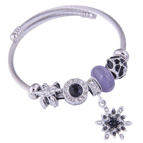 Snowflake Pendant Charm Bangle Alloy Twisted Steel Wire Adjustable Bracelet Rhinestone Enamel Beads For Women