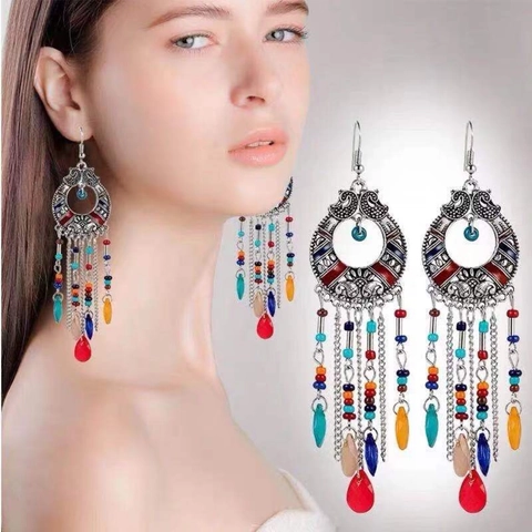Pendientes Bohemios Largos Con Borlas Aleación Cuentas Resina Patrón Pavo Real Étnico Multicolor Joyería Para Mujeres Estilo Vintage