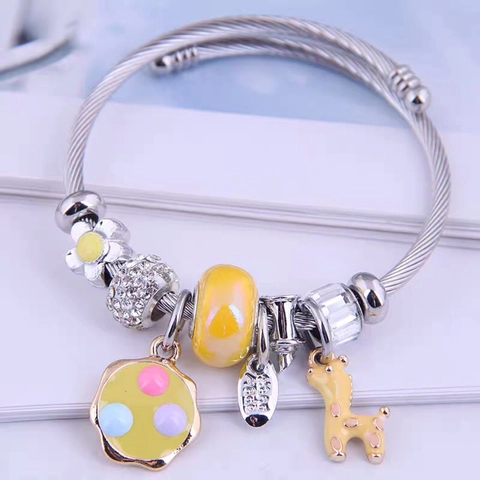 Stainless Steel Twisted Cable Open Cuff Bracelet For Women With Enamel Animal Floral Charms And Rhinestone Glass Beads