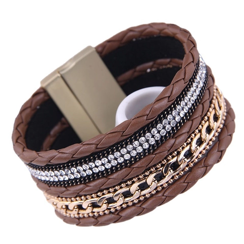 Bracciale Largo Multistrato Stile Boemo Donne Lega Strass Pelle Sintetica Chiusura Magnetica Gioielli Moda