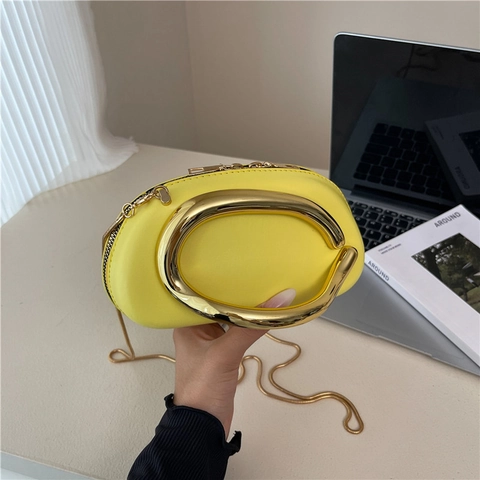 Women Fashion PU Leather Small Handbag With Large Gold Metal Ring Handle Chain Strap For Party Banquet Shoulder Crossbody Bag
