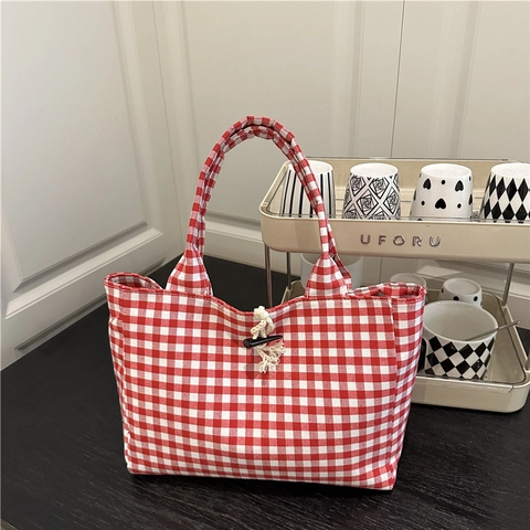 Bolso Tote de Lona Gingham para Mujer Estilo Coreano Simple Cuadros Color de Contraste Bolso de Mano Con Cierre de Alamar