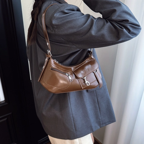 Vintage Damen PU Leder Unterarmtasche Glänzend Y2K Stil Schultertasche Multi Tasche Reißverschluss Mode Handtasche Pendeln