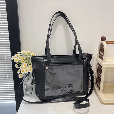 Damen PU Leder PVC Ita Bag Mit Transparentem Sichtfenster Große Kapazität Schulter Tote Umhängetasche Schnürung Japanischer Stil