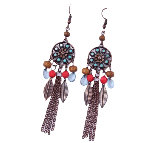 Bohemian Ethnic Long Tassel Earrings Antique Bronze Alloy Wood Resin Bead Leaf Water Drop Dangle For Women
