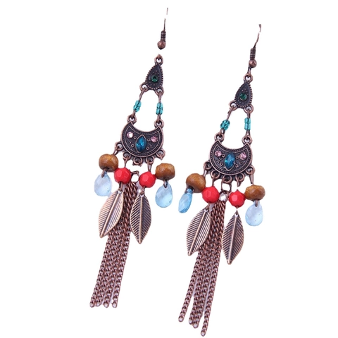 Bohemian Ethnic Long Tassel Earrings Antique Bronze Alloy Wood Resin Bead Leaf Water Drop Dangle For Women