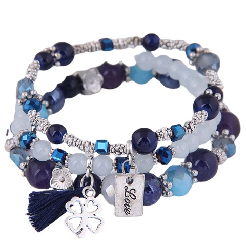 Bracciale Multistrato Di Perline Bohémien Per Donna Con Trifoglio In Lega Nappa Piastra Love Perline Resina Vetro Accessorio