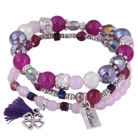 Bracciale Multistrato Di Perline Bohémien Per Donna Con Trifoglio In Lega Nappa Piastra Love Perline Resina Vetro Accessorio