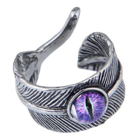 Vintage Alloy Feather Open Ring With Colorful Evil Eye Adjustable Gothic Punk Jewelry For Men Women
