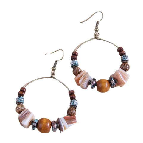 Bohemian Vintage Ethnic Style Shell Wood Beaded Large Hoop Earrings For Women Alloy Bronze Geometric Dangle Drop Earrings Jewelry Gift