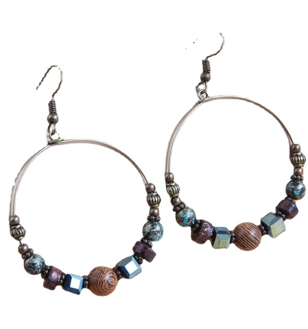 Bohemian Vintage Ethnic Style Shell Wood Beaded Large Hoop Earrings For Women Alloy Bronze Geometric Dangle Drop Earrings Jewelry Gift
