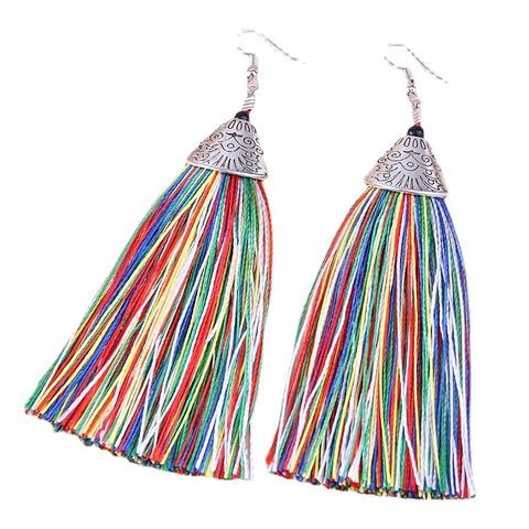 Orecchini Lunghi Con Nappe Bohemien Lega Vintage Etnico Inciso Cappuccio Filo Di Raso Gancio Per Donna