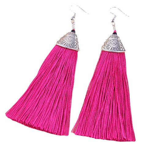 Orecchini Lunghi Con Nappe Bohemien Lega Vintage Etnico Inciso Cappuccio Filo Di Raso Gancio Per Donna