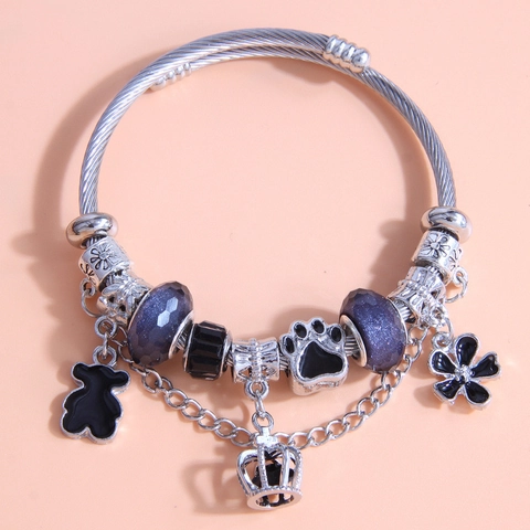 Bracelet Jonc Perles Charm Astronaute Ours Cœur Acier Alliage Ton Argent Bijoux Femmes